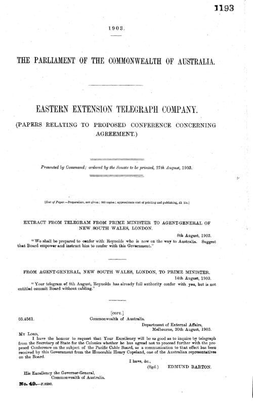 Eastern Extension Telegraph Company : (Papers relating to proposed conference concerning agreement.)