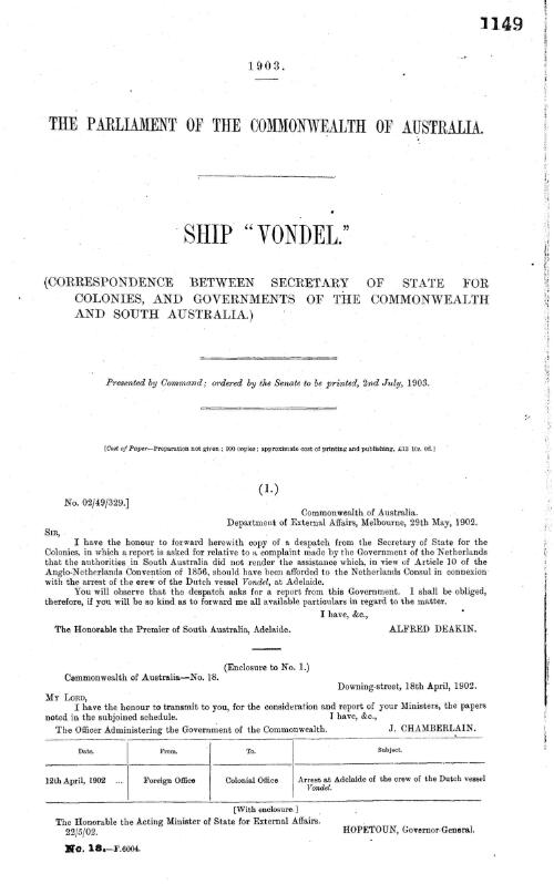 Ship "Vondel". : (Correnspondence between Secretary of State for Colonies and Governments of the Commonwealth and South Australia.)