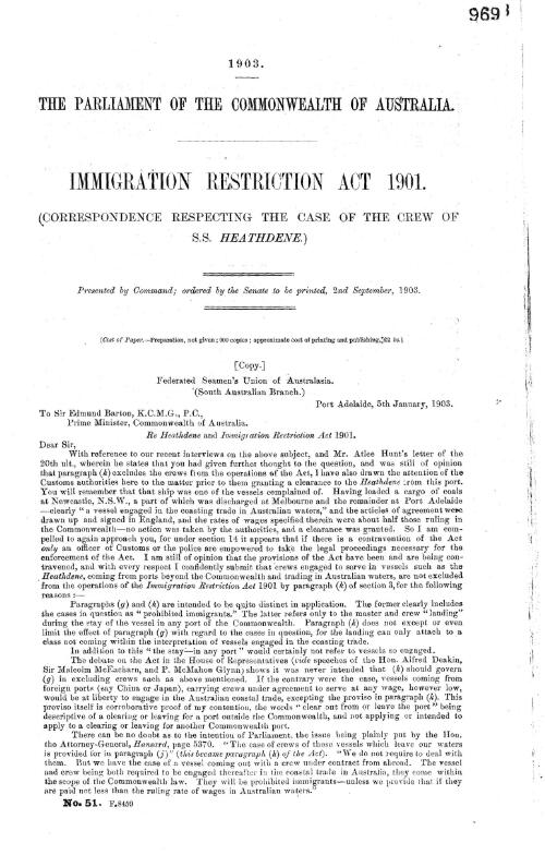 Immigration Restriction Act 1901. : (Correspondence respecting the case of the crew of S.S. Heathden.)