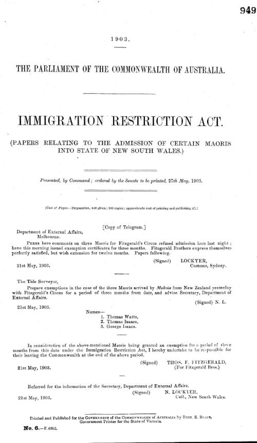 Immigration Restriction Act 1901. : (Papers relating to the admission of certain Maoris into State of New South Wales.)