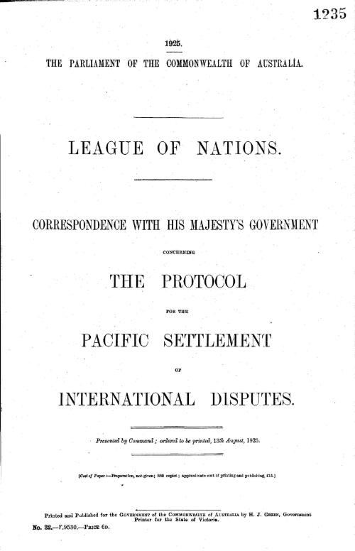 League of Nations : correspondence with His Majesty's Government concerning the protocol for the pacific settlement of international disputes