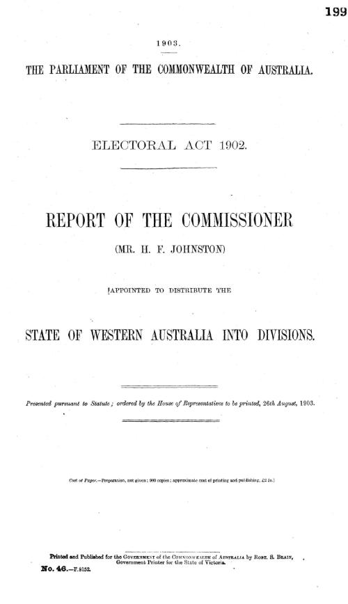 Report of the Commissioner (Mr. H. F. Johnston) appointed to distrubute the State of Western Australia into Divisions