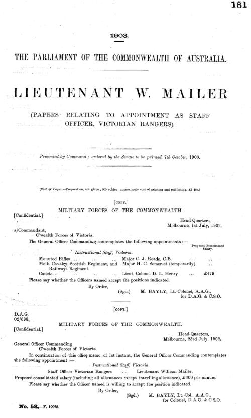 Lieutenant W. Mailer : (Papers relating to appointment as Staff Officer, Victorian Rangers)