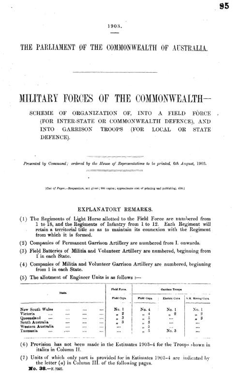 Military Forces of the Commonwealth : Scheme of organization of, into the Field Force (for Inter-State or Commonwealth defence), and into Garrison Troops (for local or State defence)