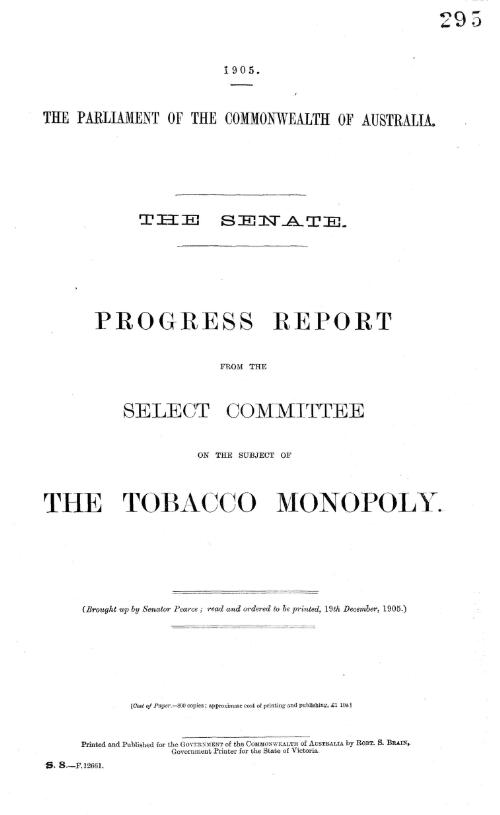 Senate - progress report from the Select Committee on the subject of the tobacco monopoly - 1905
