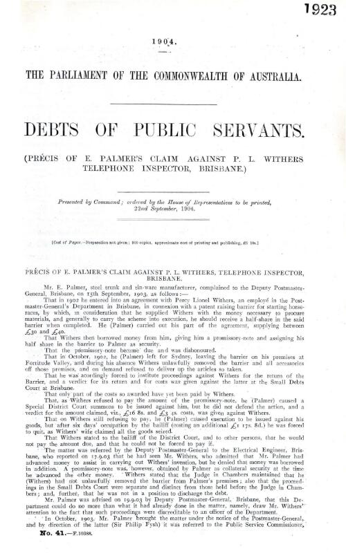 Debts of Public Servants. : Précis of E. Palmer's claim against P. L. Withers Telephone Inspector, Brisbane