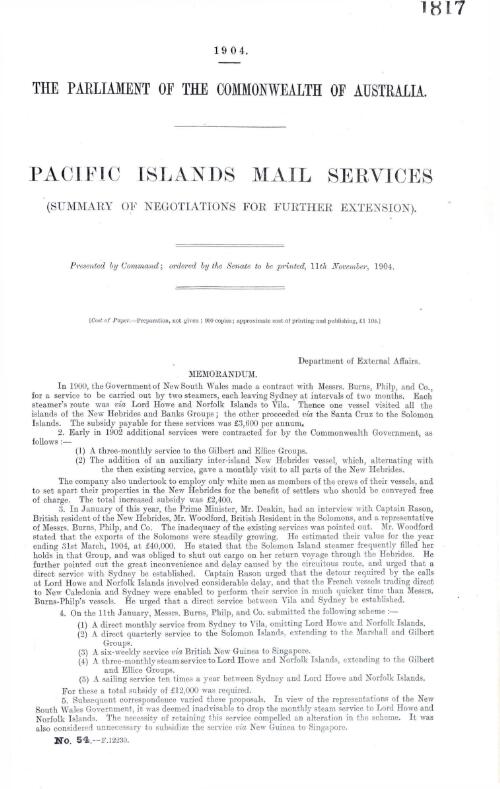 Pacific Islands mail services : (Summary of negotiations for future extensions)
