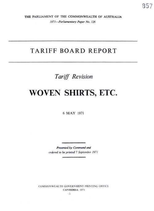 Tariff Board report : tarif revision, woven shirts, etc., 6 May 1971