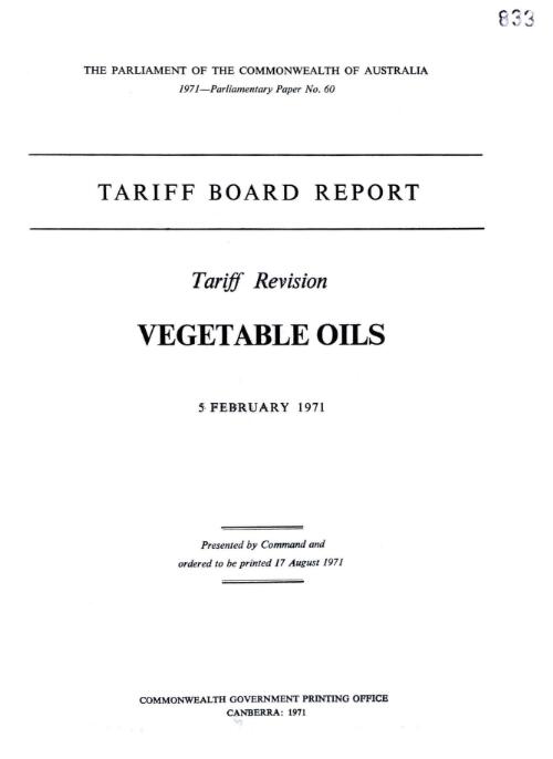 Tariff revision, vegetable oils, 5 February 1971 / Tariff Board