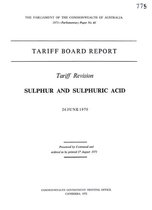 Tariff revision, sulphur and sulphuric acid, 26 June 1970 / Tariff Board