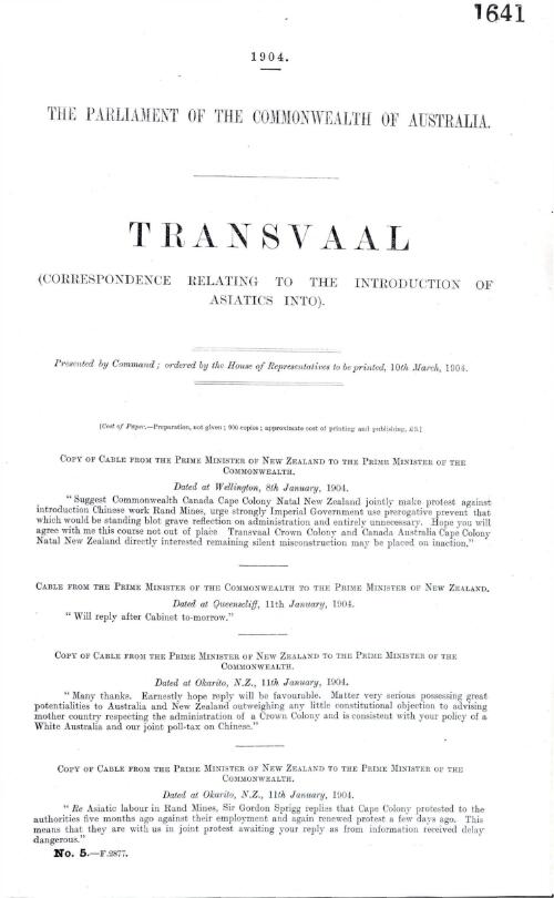 Transvaal : (Correspondence relating to the introduction of Asiatics into.)