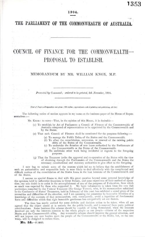 Council of Finance for the Commonwealth - proposal to establish : Memorandum by Mr William Knox, M.P