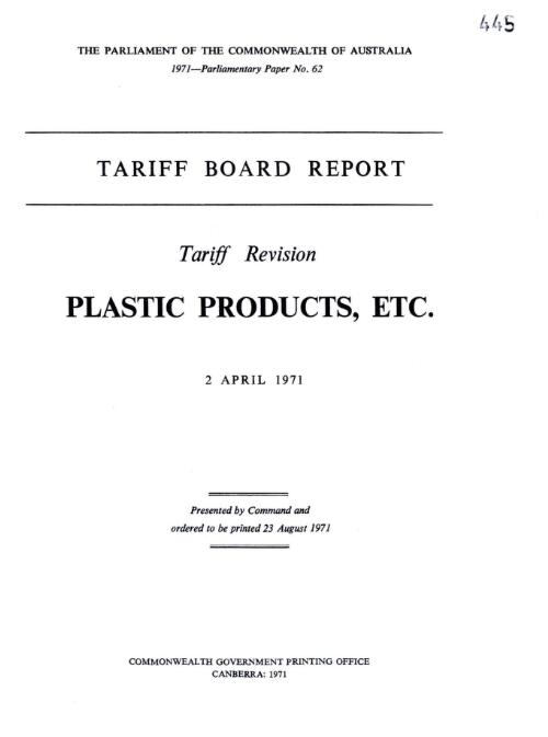 Tariff revision : Tariff Board's report plastic products, etc., 2th April 1971