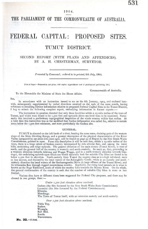 Federal capital, proposed sites, Tumut district : second report (with plans and appendices) / by A.H. Chesterman