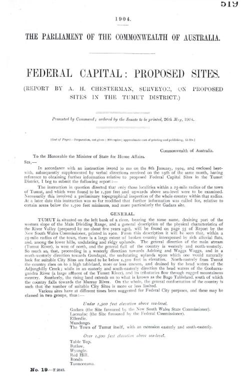 Federal capital, proposed sites : report / by A.H. Chesterman, surveyor, on proposed sites in the Tumut district