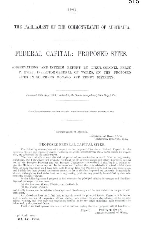Federal capital, proposed sites : (observations and interim report by Lieut.-Colonel Percy T. Owen, Inspector-general of works, on the proposed sites in Southern Monaro and Tumut districts)