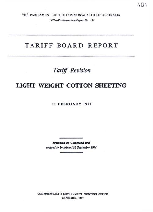 Tariff revision : Tariff Board's report light weight cotton sheting, 11th February, 1971