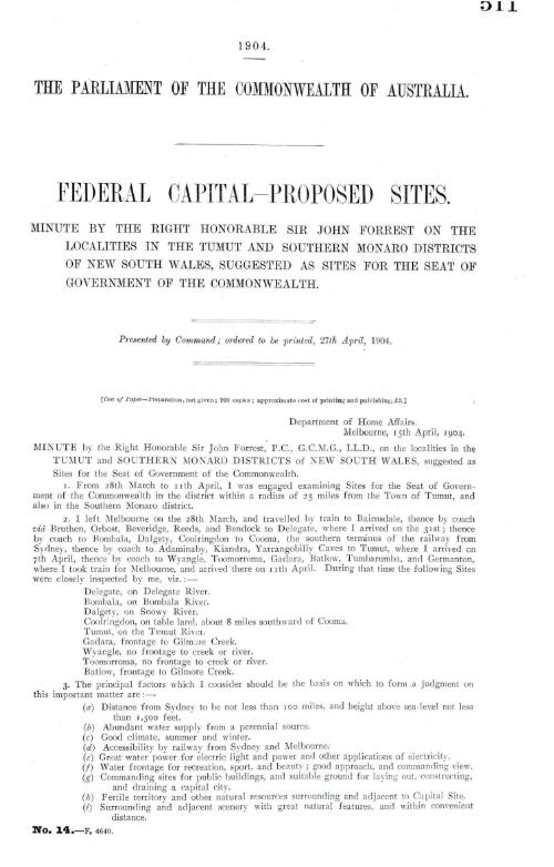Federal capital, proposed sites : minute by the Right Honorable Sir John Forrest on the localities in the Tumut and Southern Monaro districts of New South Wales, suggested as sites for the seat of Government of the Commonwealth