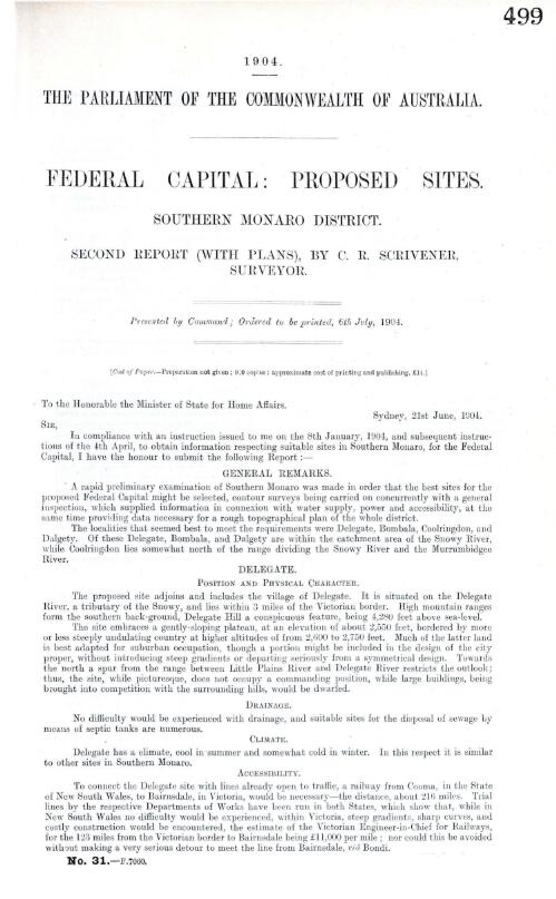 Federal capital, proposed sites, Southern Monaro district : second report (with plans) / by C.R. Scrivener
