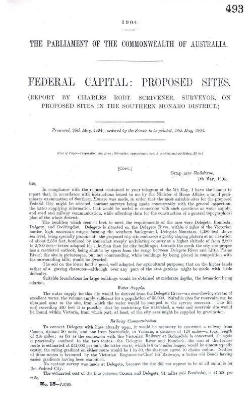 Federal capital, proposed sites : (report by Charles Robt. Scrivener, surveyor on proposed sites in the Southern Monaro district)