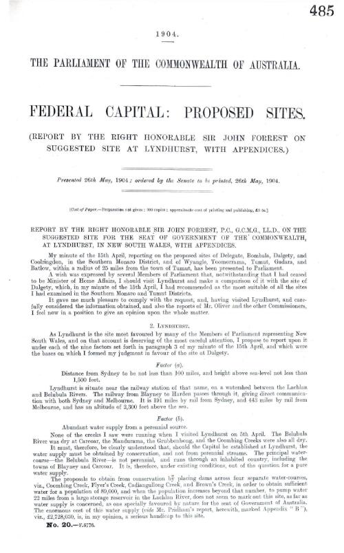 Federal capital, proposed sites : (report by the Right Honorable Sir John Forrest on suggested site at Lyndhurst, with appendices)