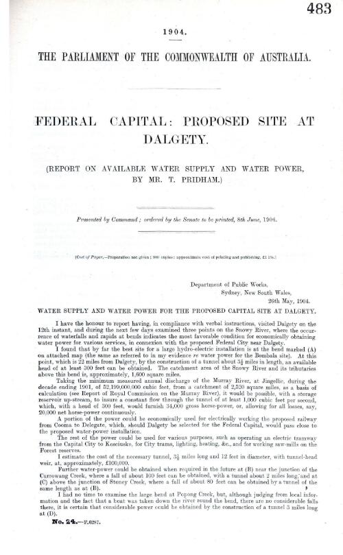 Federal capital, proposed site at Dalgety : report on available water supply and water power / by T. Pridham