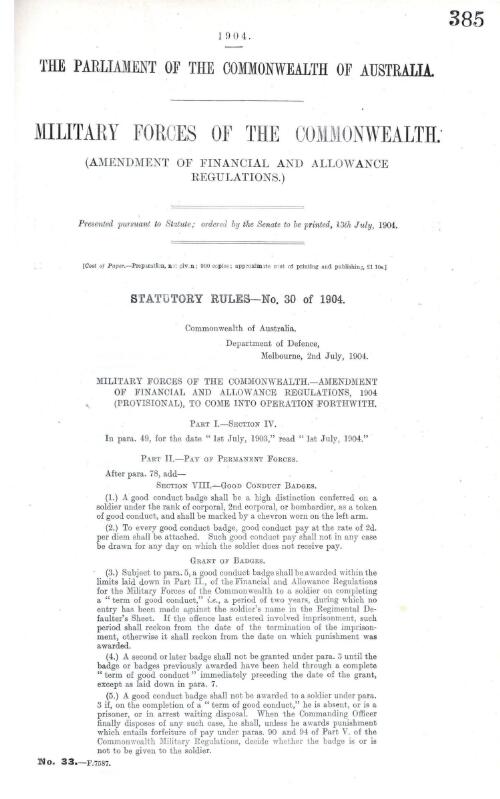 Military Forces of the Commonwealth. : (Amendment of financial and allowance regulations.)