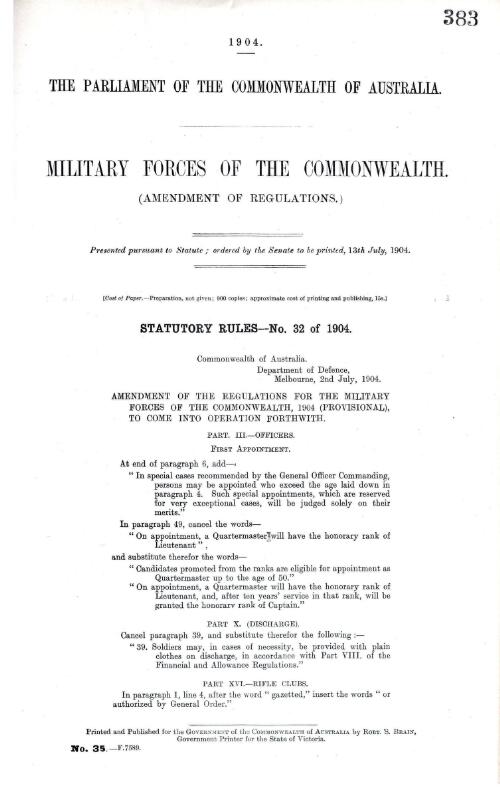 Military Forces of the Commonwealth. : (Amendment of Regulations.)