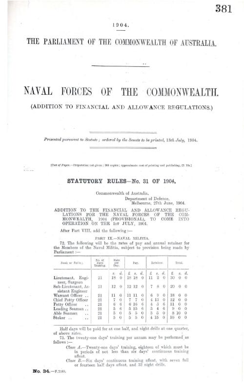 Naval forces of the Commonwealth. : (Addition to financial and allowence regulations.)