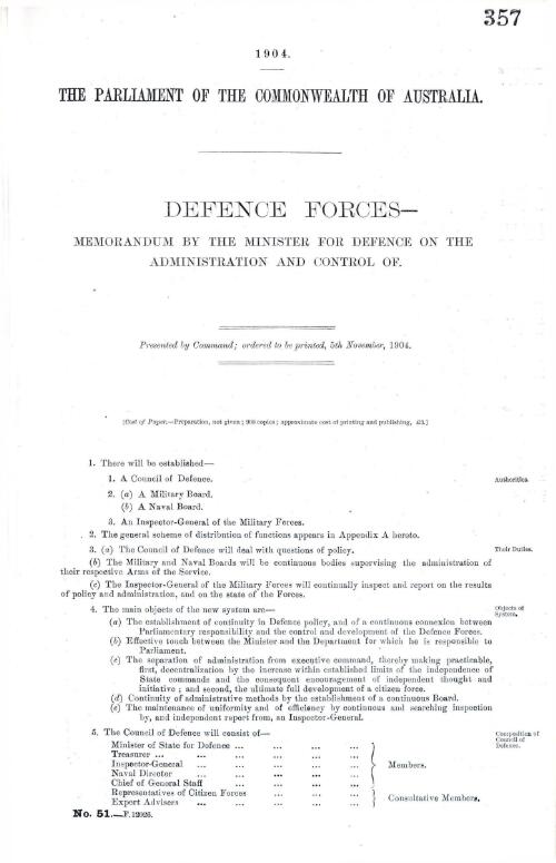 Defence Department. : Memorandum by the Minister for Defence on the administration and control of