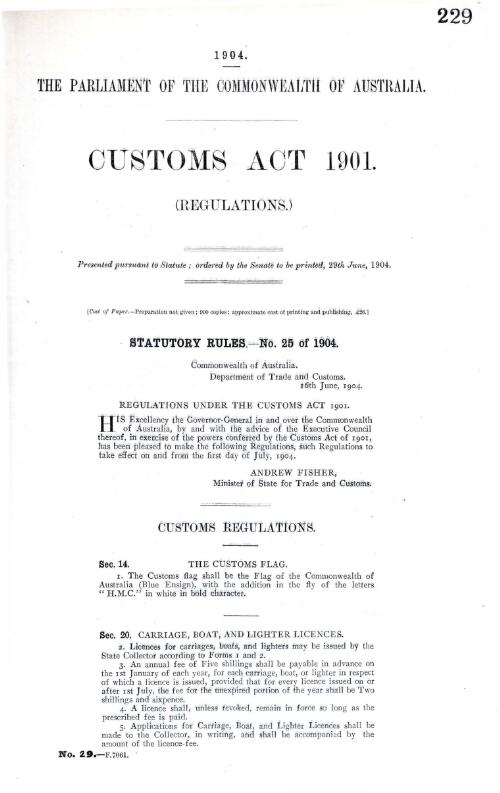 Customs Act 1901. : (Regulations.)
