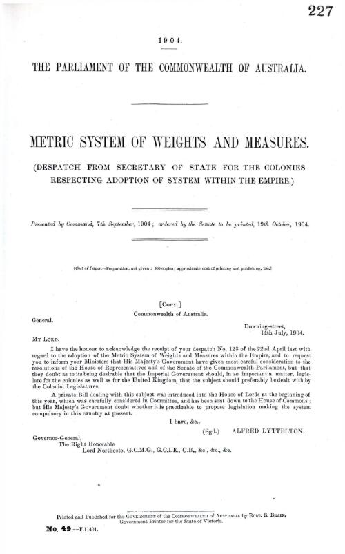 Metric system of weights and measures. : (Despatch from Secretry of State for The Colonies respecting adoption of system with in The Empire)
