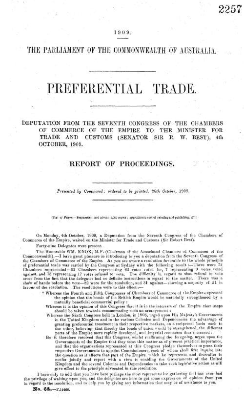 Preferential trade. : Deputation from the Seventh Congress of the Chambers of Commerce of the Empire to The Minister for Trade and Customs (Senator Sir R. W. Best), 4th October, 1909. Report of proceedings