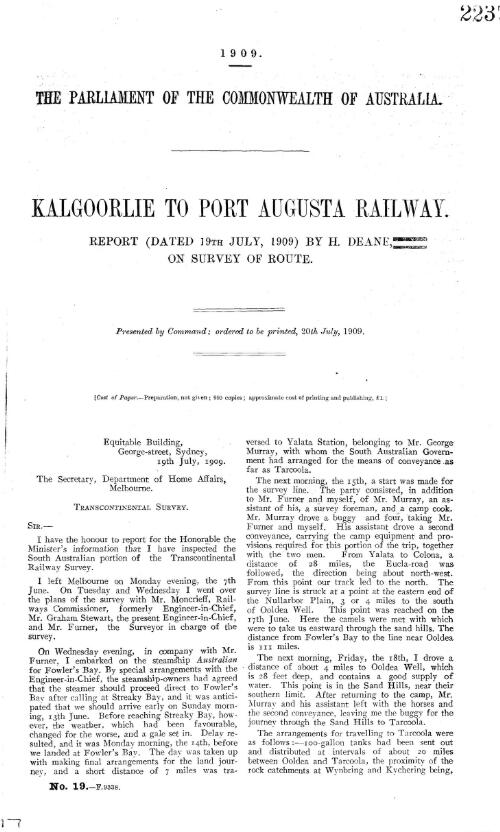 Kalgoorlie to Port Augusta railway. Report  (dated 19th July, 1909) by H. Deane, on survey route