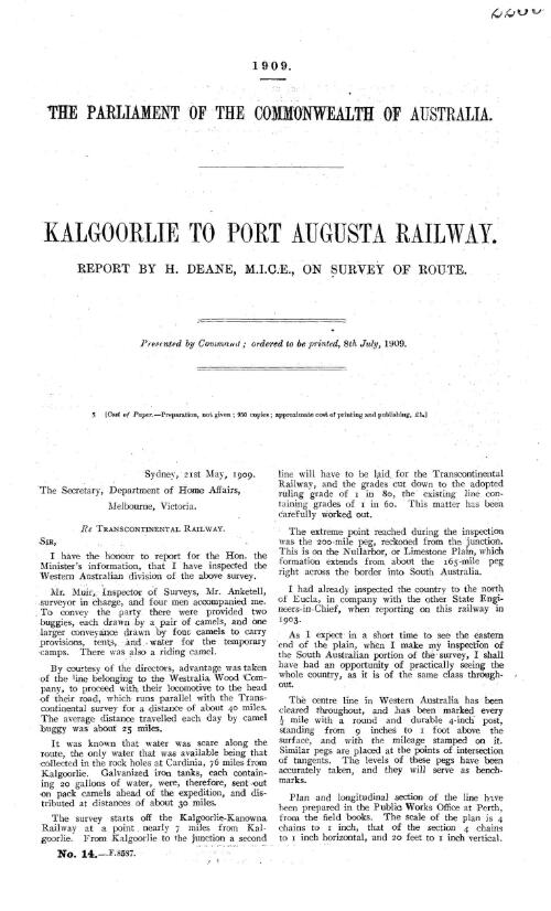 Kalgoorlie to Port Augusta railway. : Report by H. Deane, M.I.C.E., on survey of route