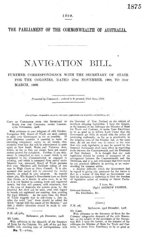 Navigation Bill. : further correspondence with The Secretary of State for the Colonies, dated 27th November, 1908, to 31st March, 1909