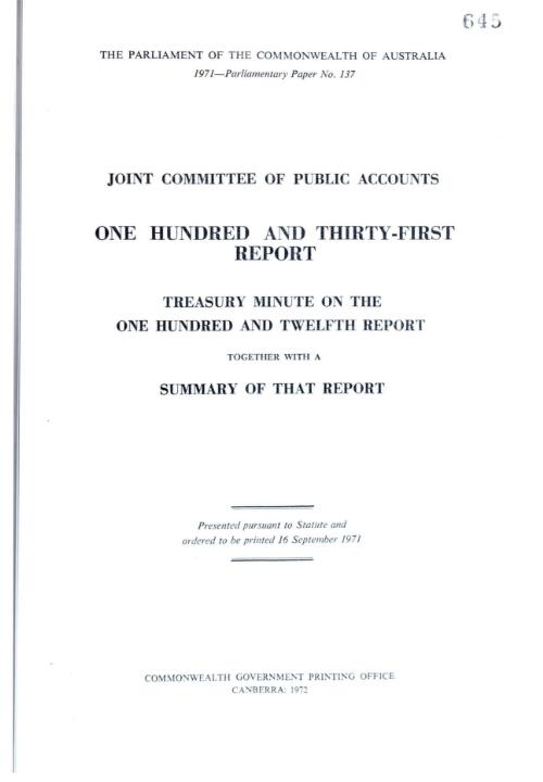 One hundred and thirty-first report : Treasury minute on the one hundred and twelfth report together with a summary of that report / Joint Committee of Public Accounts