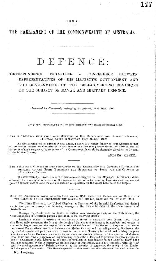 Defence : correspondence regarding a conference between representatives of His Majesty's Government and the Governments of the self-governing dominions on the subject of Naval and Military Defence