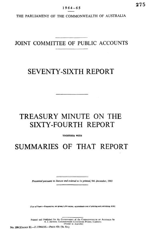Seventy-sixth report : Treasury minute on the sixty-fourth report together with summaries of that report / Joint Committee of Public Accounts