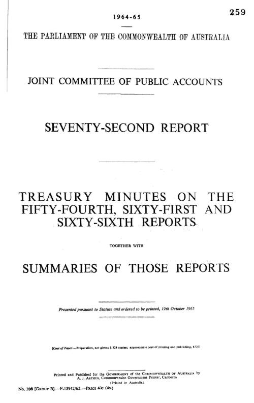Seventy-second report : Treasury minutes on the fifty-fourth, sixty-first and sixty-sixth reports together with summaries of those reports / Joint Committee of Public Accounts