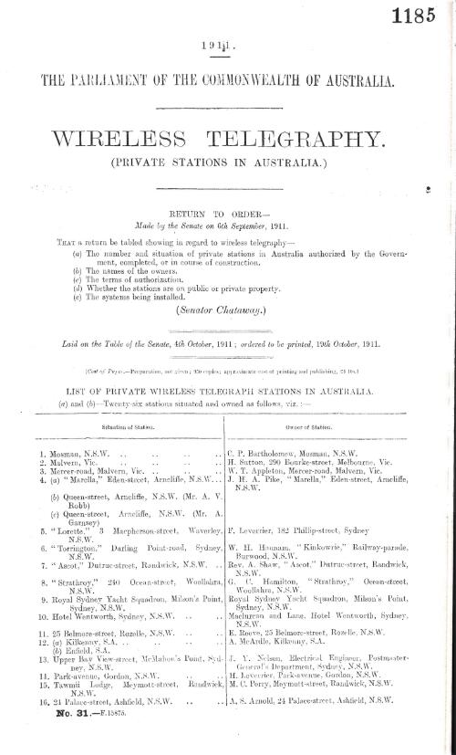 Wireless telegraphy (private stations in Australia) / The Parliament of the Commonwealth of Australia