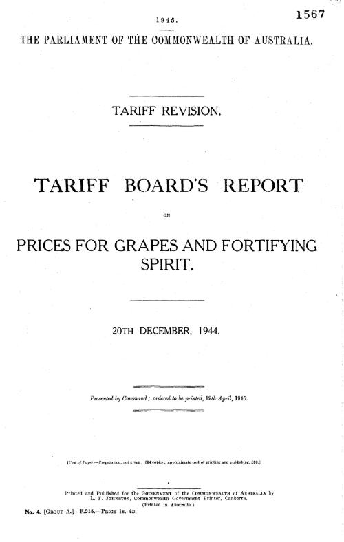 Tariff revision : Tariff Board's report on prices for grapes and fortifying spirits, 20th December, 1944