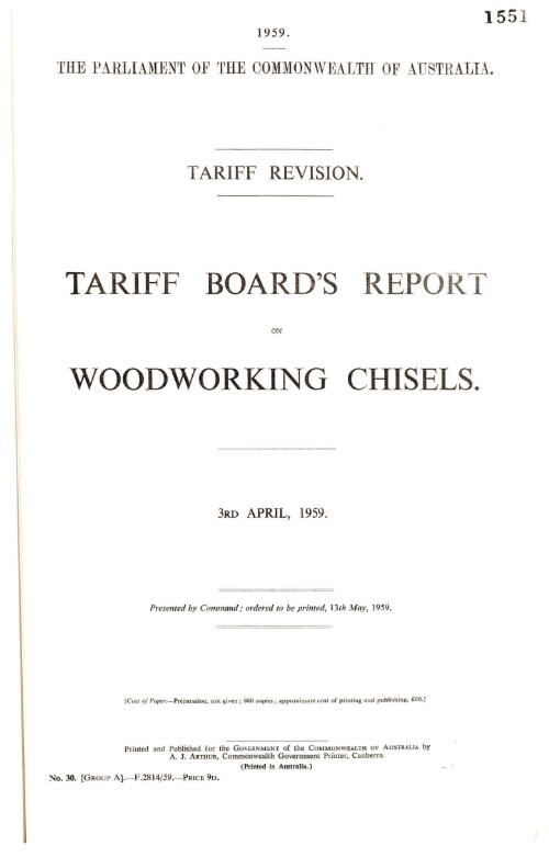 Tariff revision : Tariff Board's report on woodworking chisels, 3rd April, 1959