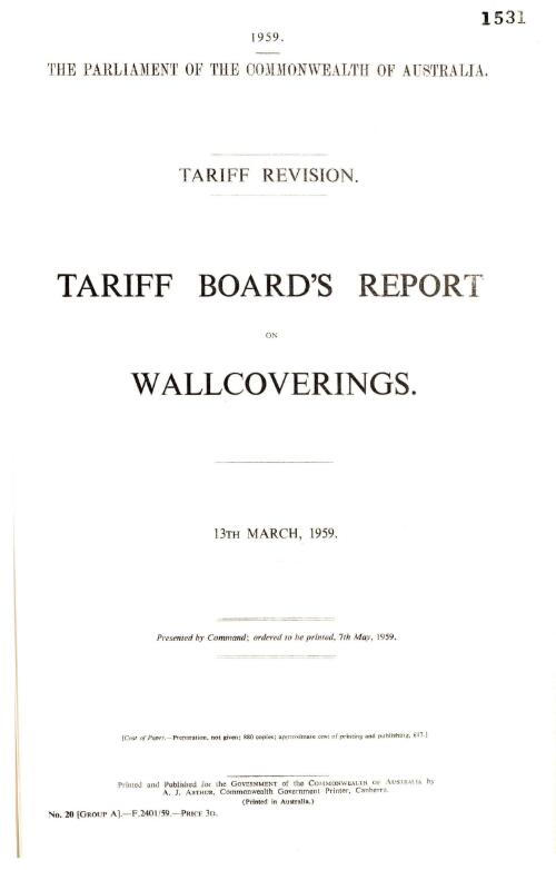 Tariff revision : Tariff Board's report on wood-working machines classifiable under tariff item 176(M), 5th March, 1951