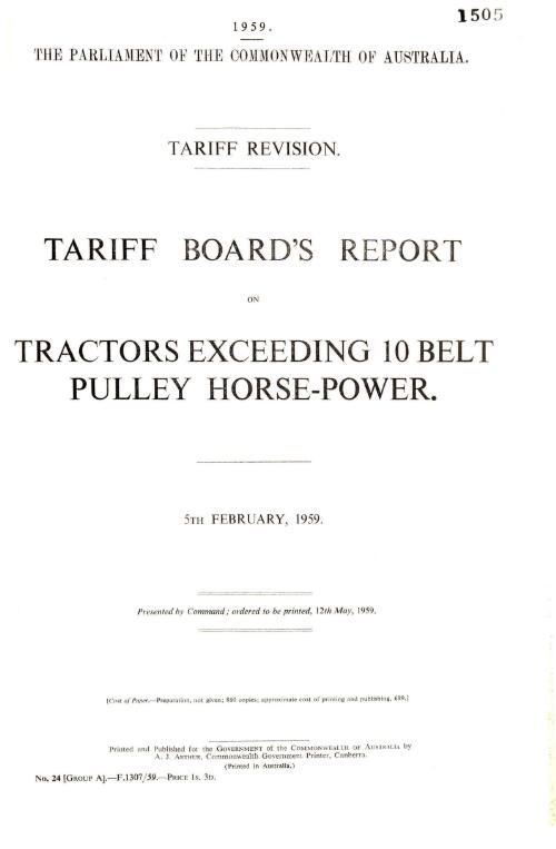 Tariff revision : Tariff Board's report on tractors exceeding 10-belt pulley horse-power, 5th February, 1959