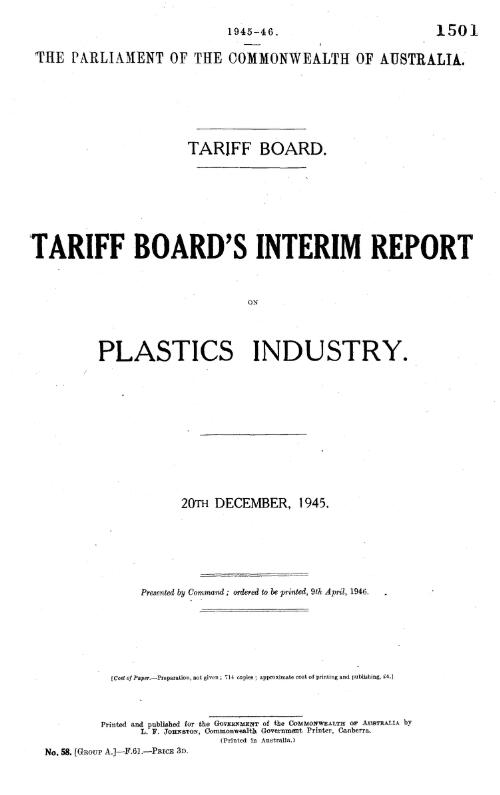 Tariff Board's interim report on plastics industry, 20th December, 1945