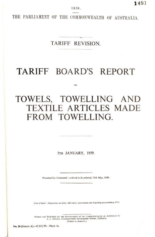 Tariff revision : Tariff Board's report on towels, towelling and textile articles made from towelling, 5th January, 1959