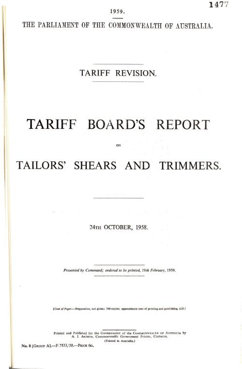 Tariff revision : Tariff Board's report on tailors' shears and trimmers, 24th October, 1958