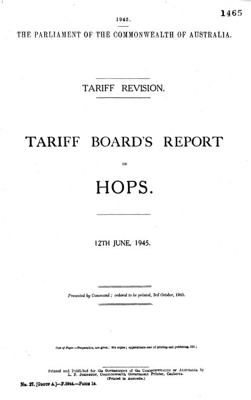 Tariff revision : Tariff Board's report on hops, 12th June, 1945