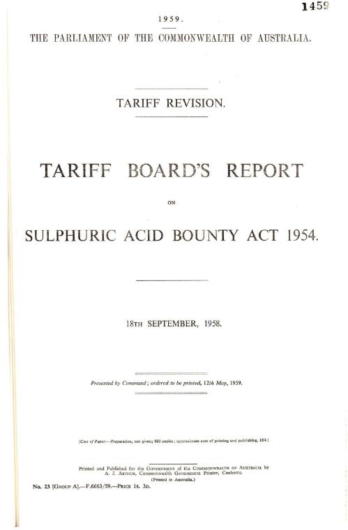 Tariff revision : Tariff Board's report on Sulphuric Acid Bounty Act 1954, 18th September, 1958